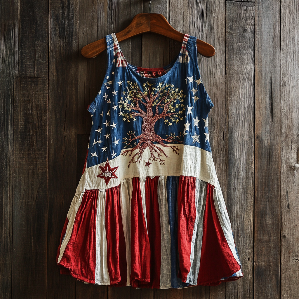 Women's Vintage Independent Day American Flag With Tree Of Life  Art Linen Sleeveless Tank Top artswardrobe