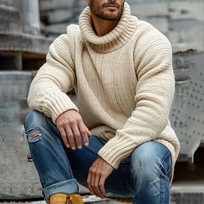 Men'S Vintage Solid Color High Neck Jacquard Cozy Sweater elevenforest