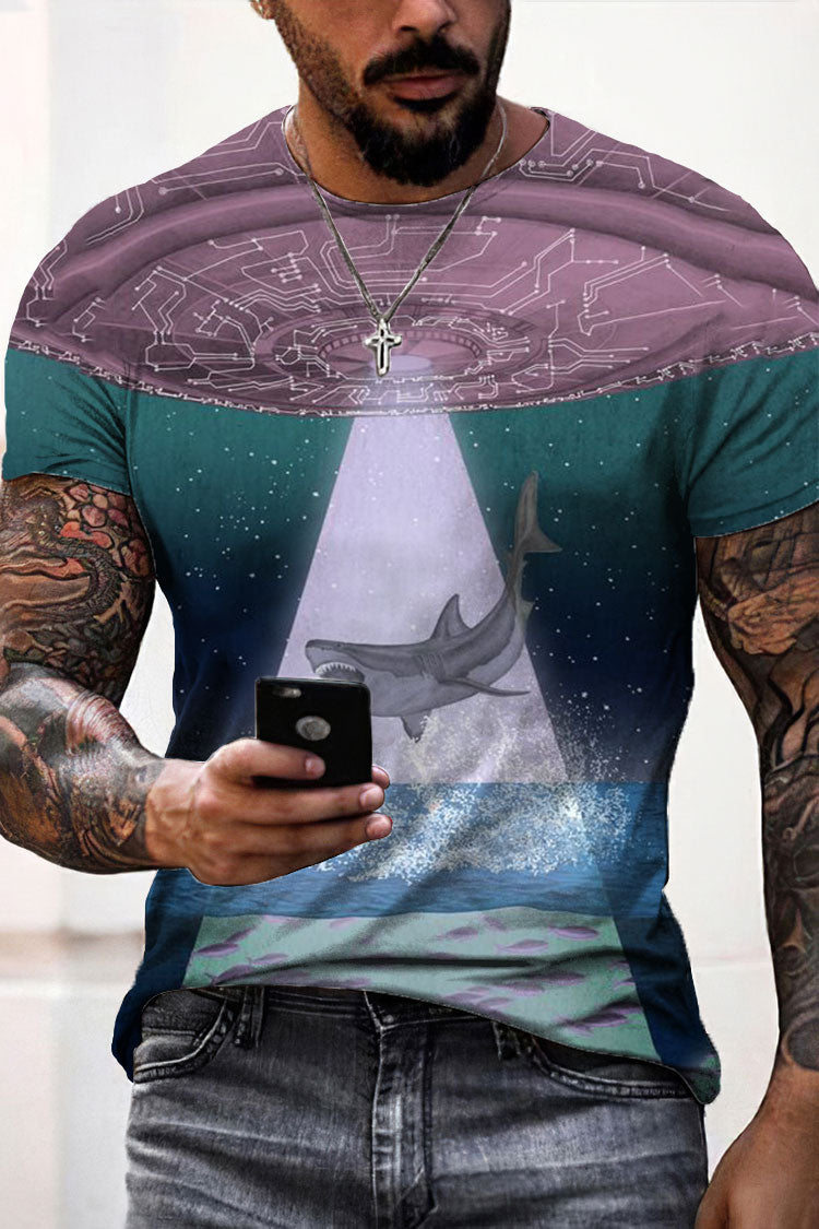 Men's Casual Japanese Art Ocean Sharks Print T-shirt