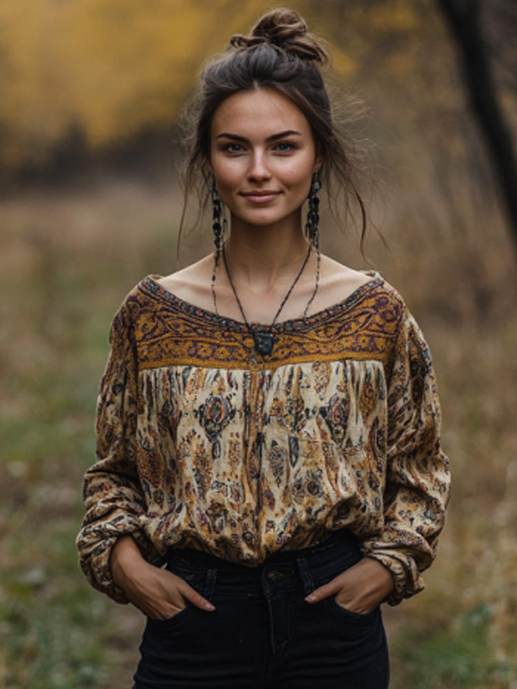 Women's Vintage Bohemian Print T-shirt artswardrobe