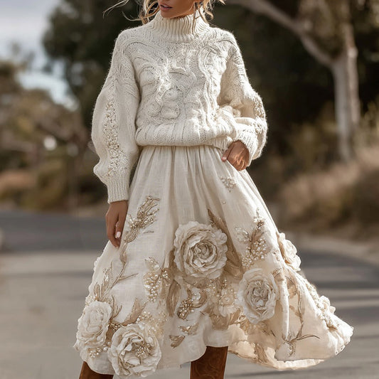 Vintage Rose Pattern Cable Knit Sweater And Linen Skirt Two-piece Set elevenforest