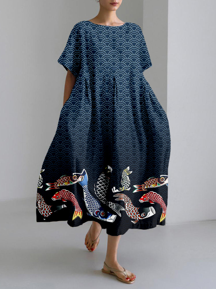 Japanese Koinobori & Waves Pattern Linen Blend Maxi Dress