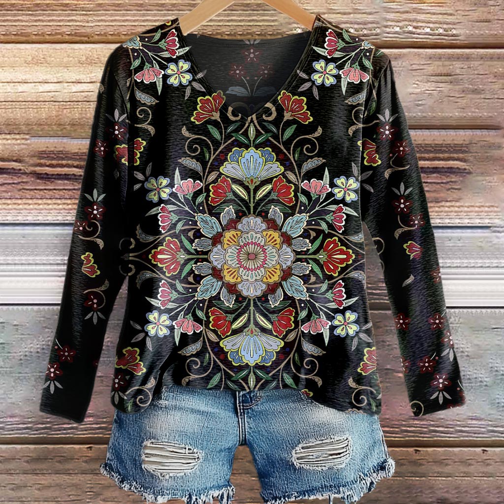 Women's Retro Ethnic Floral Totem Print Casual V-neck Long Sleeve T-sh