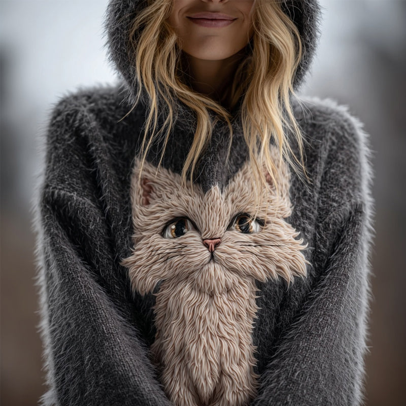 Cute Fuzzy Cat Embroidered Cozy Hooded Sweater elevenforest