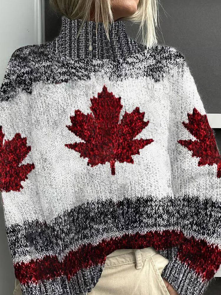 Women's Canadian Maple Leaf Cozy Knit Turtleneck Sweater artswardrobe
