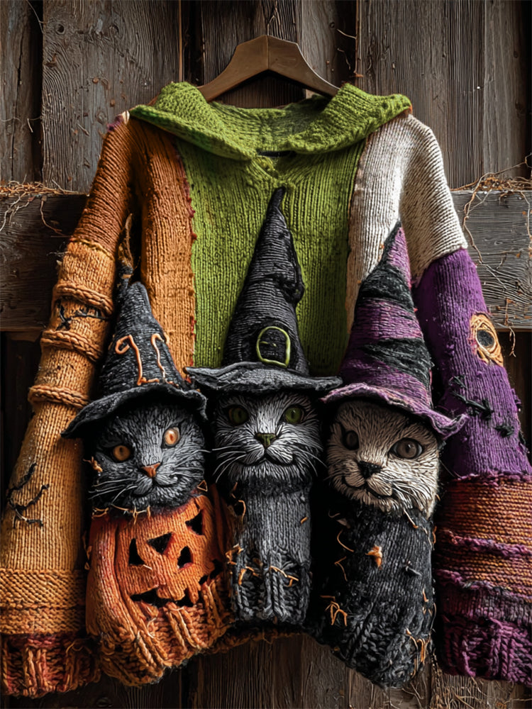 Comstylish Halloween Witch Cats Colorblock Hooded Cozy Knit Sweater