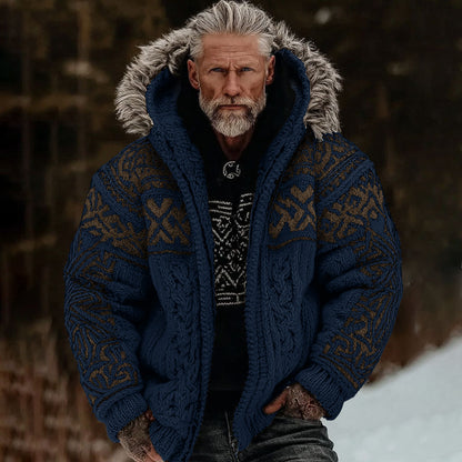 Men's Viking Celtic Art Cozy Fur Collar Knit Hooded Sweater Jacket artswardrobe