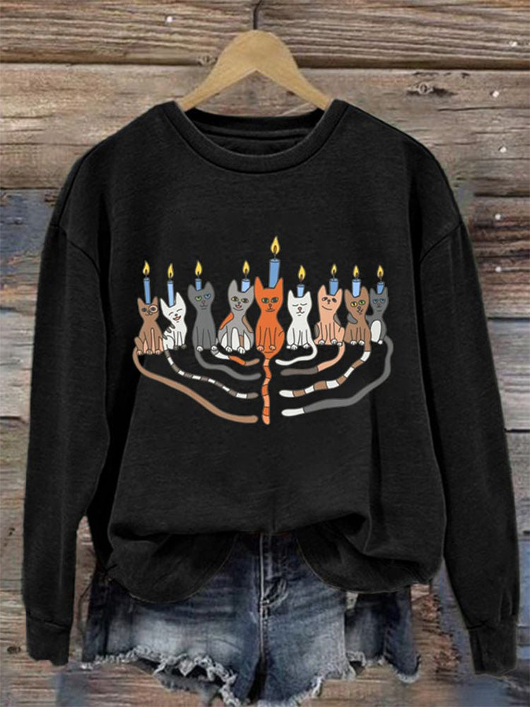 Women's Hanukkah Menorah Print Casual Sweatshirt elevenforest