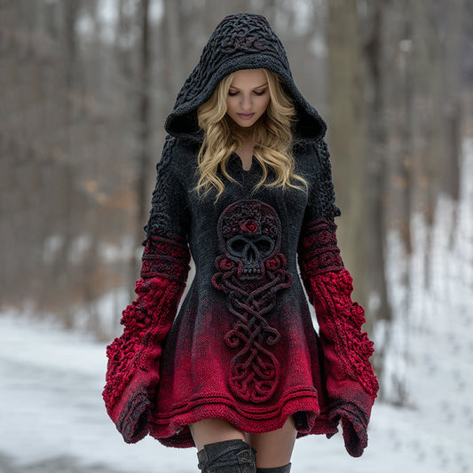 Women's Vintage Viking Tribal Celtic Skull Gradient Art Hooded Sweater Dress artswardrobe
