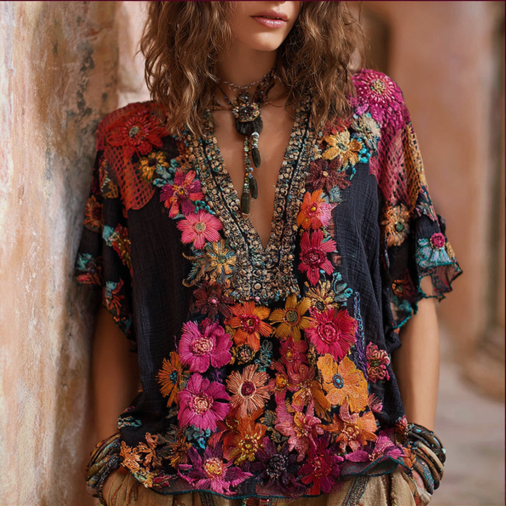 Bohemian Style Plant-dyed Knitted Flower Loose Short-sleeved Shirt artswardrobe