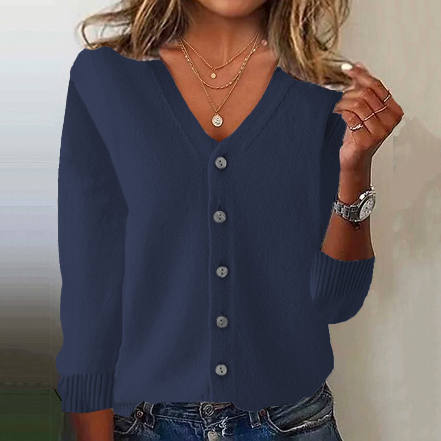 Women's Pink V Neck Button Down Cozy Sweater artswardrobe