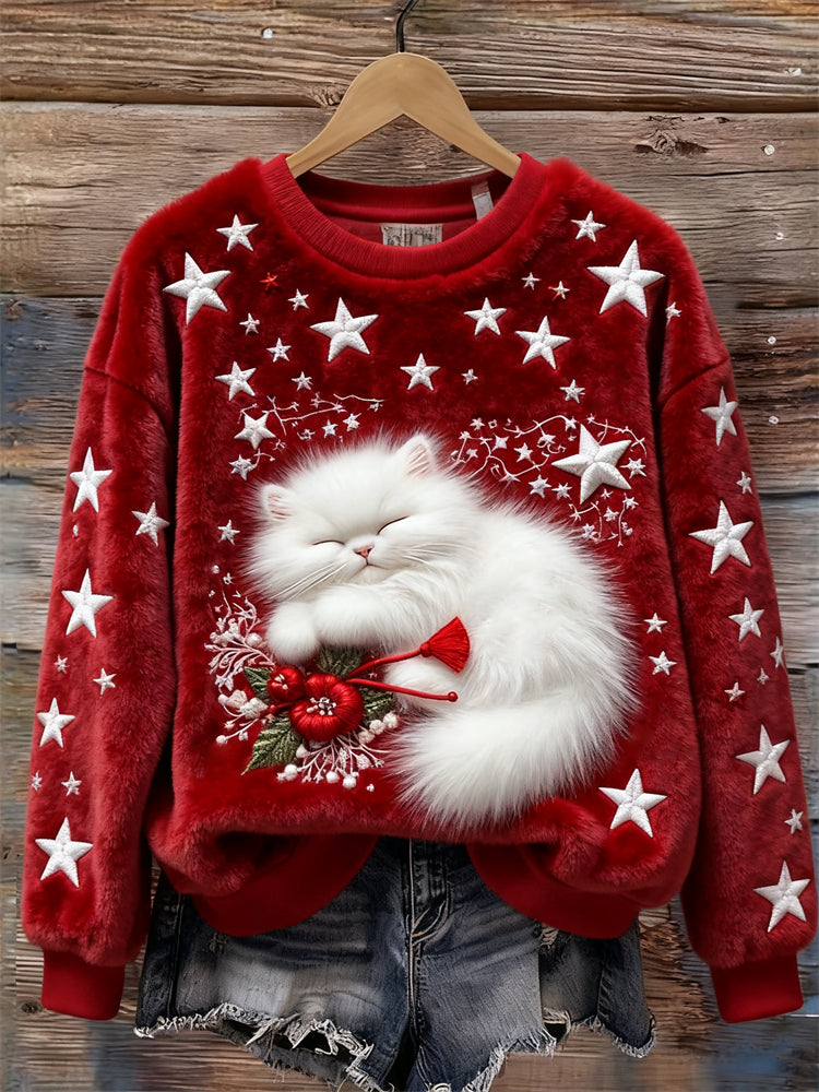 Comstylish Christmas Sleeping Fuzzy Cat Stars Embroidered Cozy Plush Sweatshirt