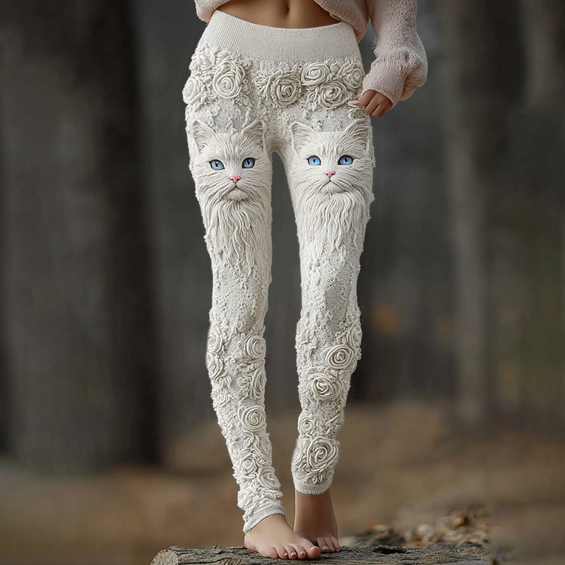 Comstylish Vintage Cute Cat Face With Roses Art Embroidered Cozy Knit Leggings