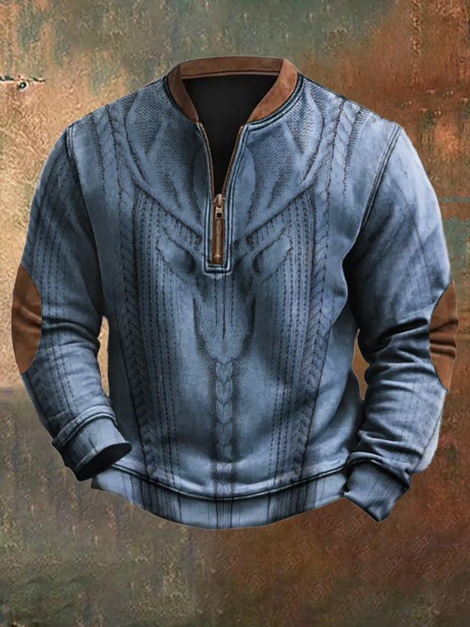 Men's Retro Wild Deer Graphic Jacquard Zip Collar Sweatshirt elevenforest