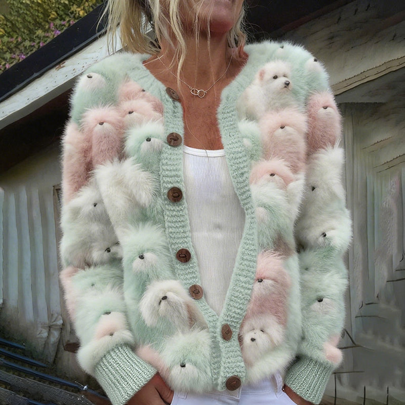 Comstylish Women's Cute Dog Pattern Cozy Knit Sewater Cardigan