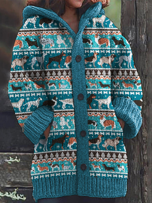 Dogs Of Breeds Inspired Cozy Knit Hooded Isle Cardigan elevenforest
