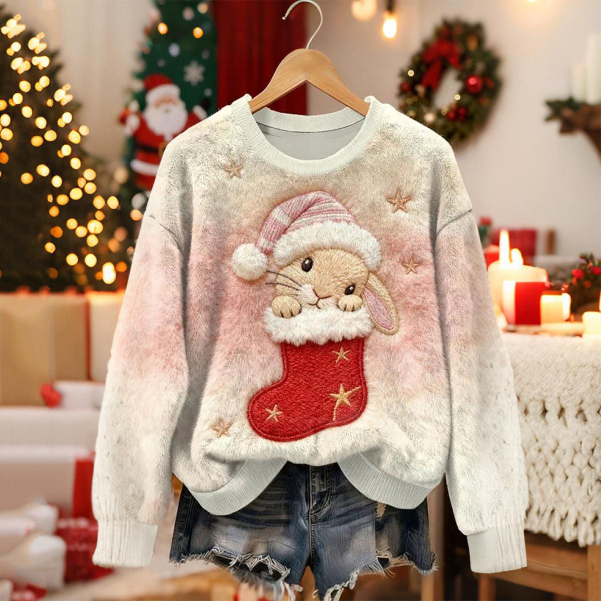 Comstylish Cute Bunny Pattern Warm Crew Neck Sweater