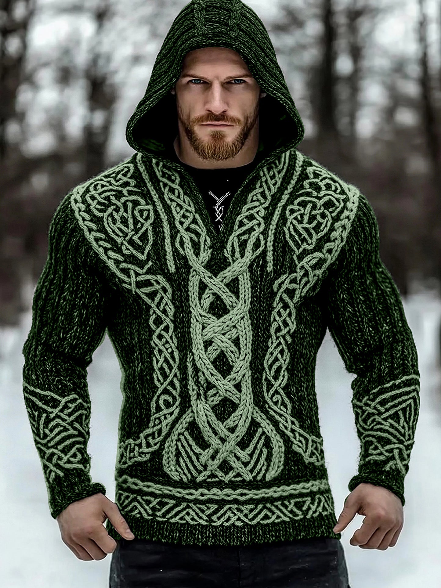 Men's Viking Tribal Jacquard Inspired Celtic Hooded Sweater artswardrobe