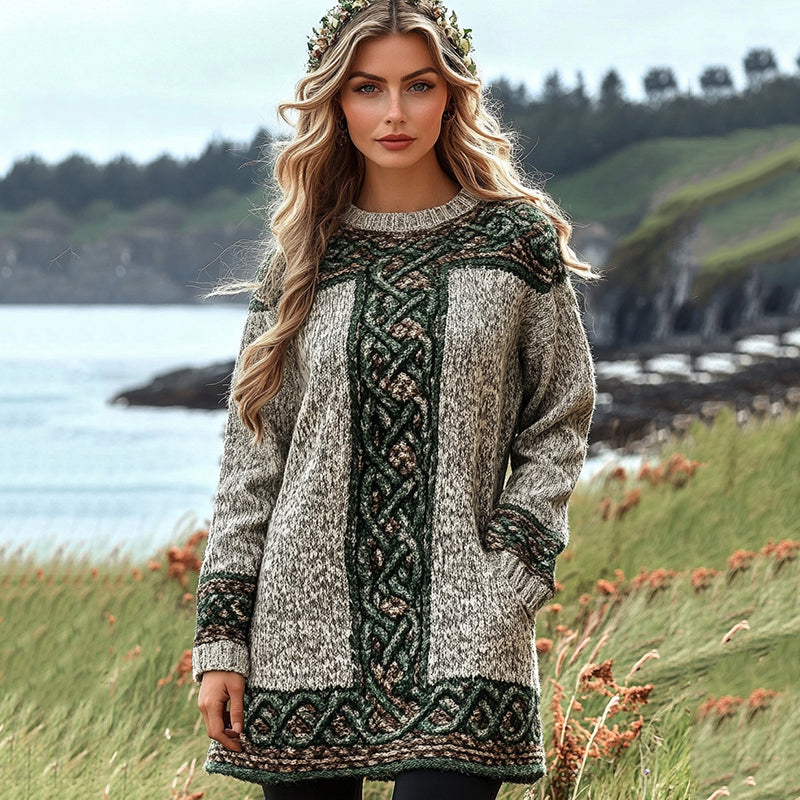 Women's Irish Celtic Knot Jacquard Contrast Tape Sweater Dress elevenforest