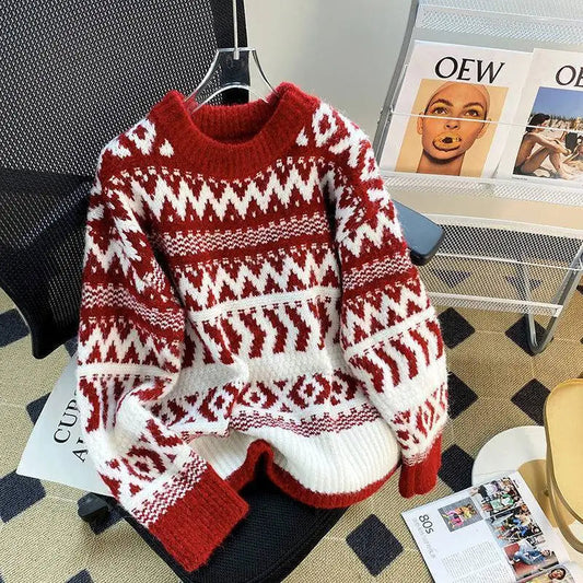 Araceli® | Women's vintage patchwork style crew neck sweater with chunky knit