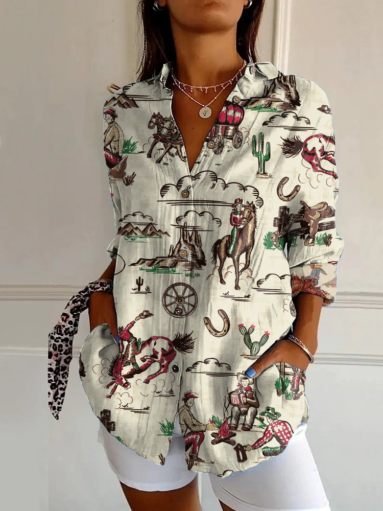 Comstylish Retro Horse Cowboy Girl Graphic Print Casual Long Sleeve Shirt