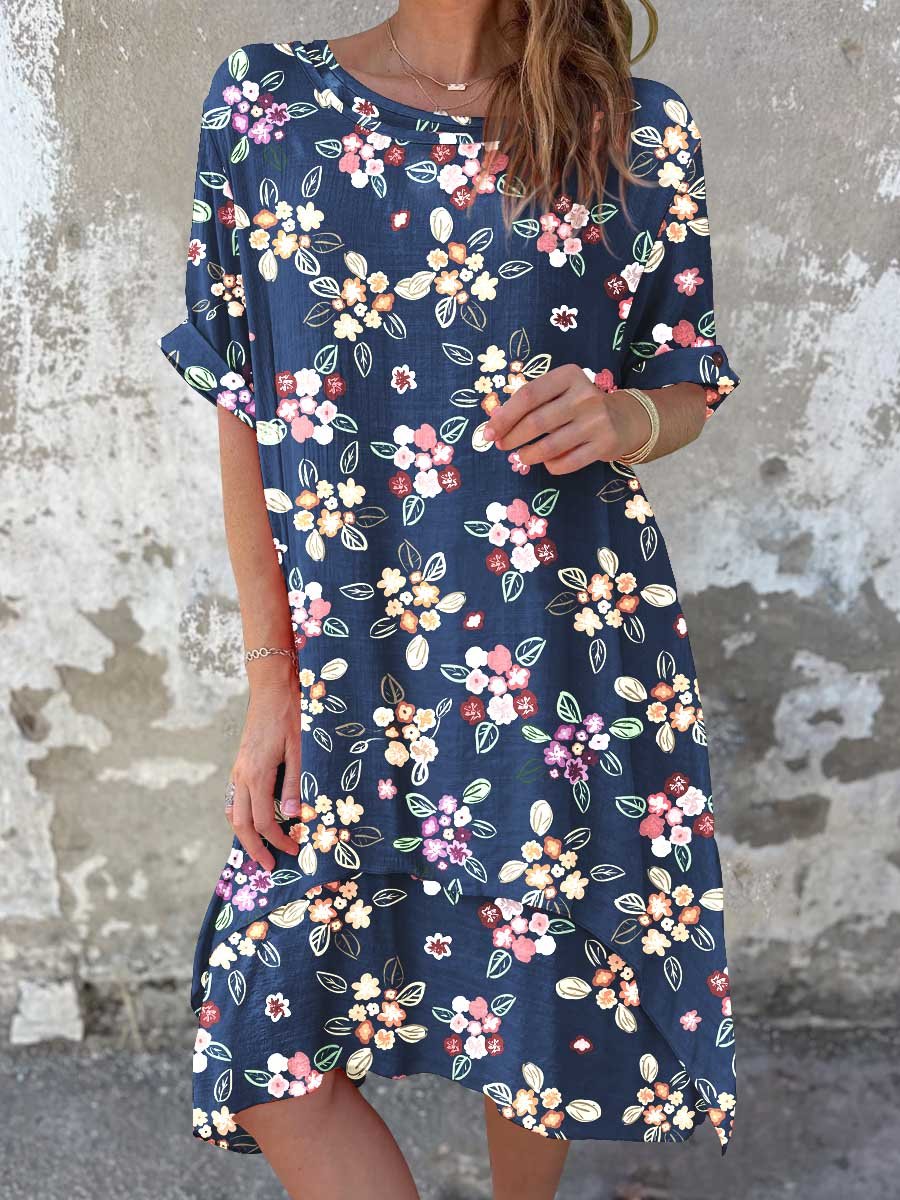 Women's Classic Floral Pattern Round Neck Cotton and Linen Dress