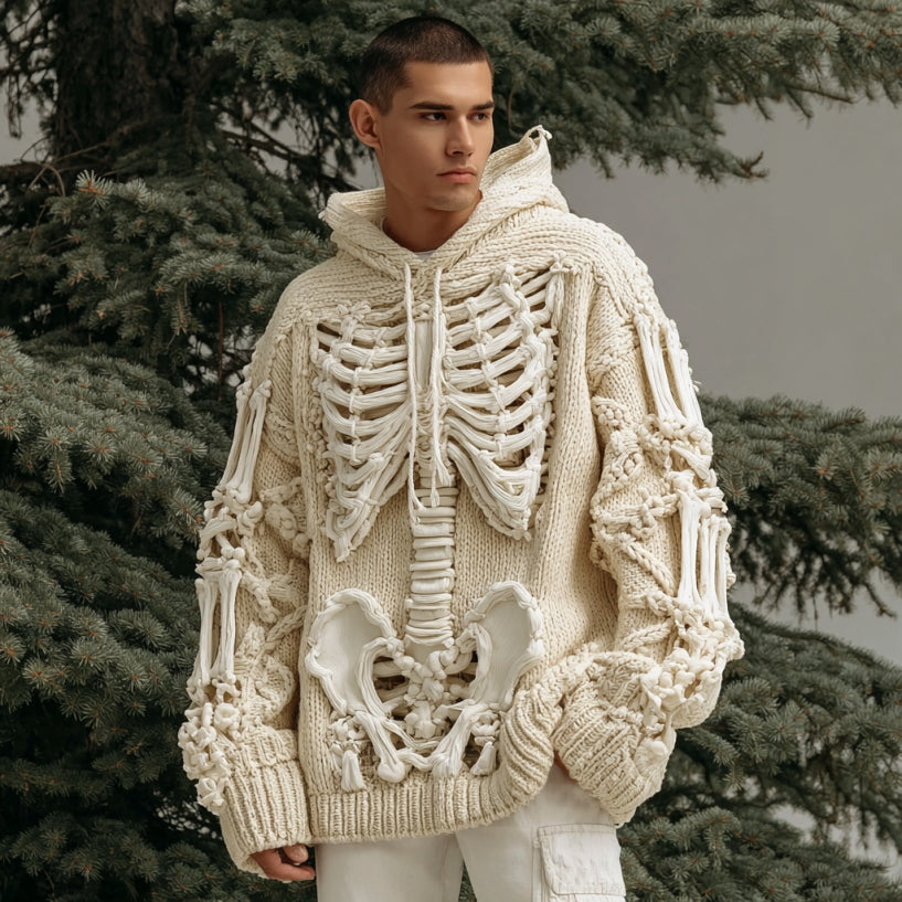 Men's Halloween Skeleton Art  Knit Hooded Sweater artswardrobe