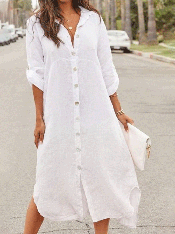 Women'S Casual Cotton Linen Solid Color Dress