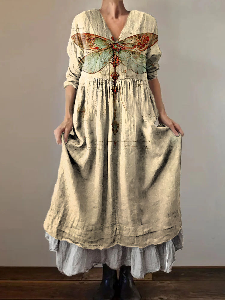 Women's Dragonfly Art Print V-Neck Pocket Cotton Dress
