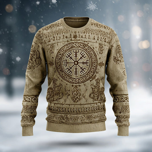 Men's Vintage Viking Vegvisir Pattern Knit Crew Neck Sweater artswardrobe
