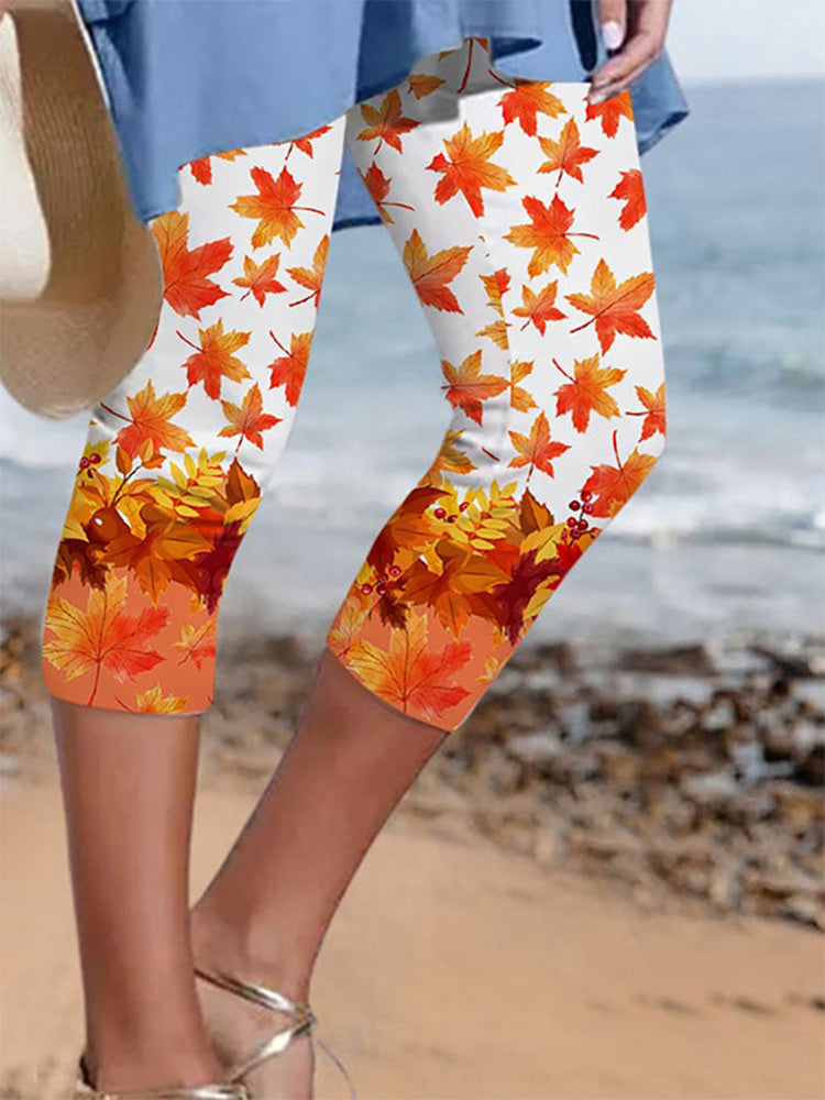 Autumn Maple Leaf Ladies Print Cropped Pants artswardrobe