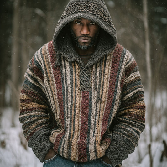 Men's Retro Colorful Striped Celtic Art Knit Hooded Sweater elevenforest