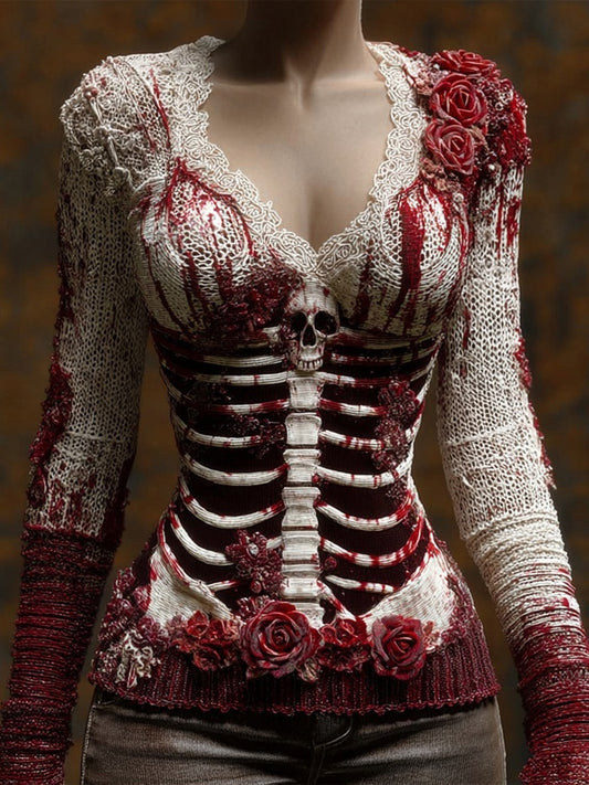 Comstylish Classy Skeleton Bloody Roses V Neck Cozy Sweater