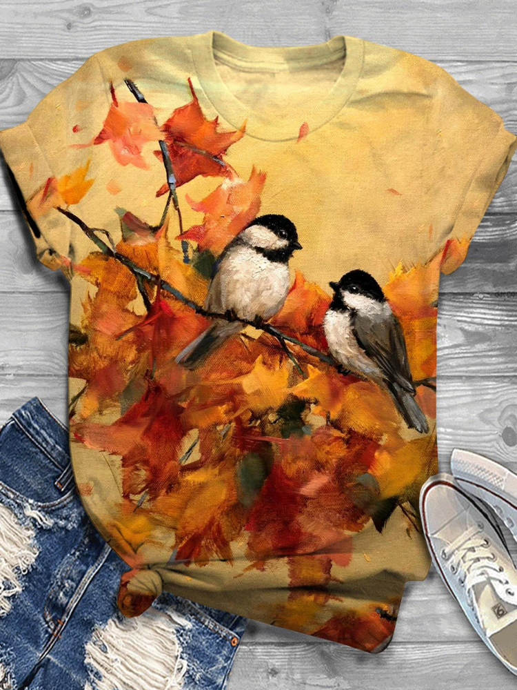 Fall Maple Leaf Bird Crew Neck T-Shirt artswardrobe
