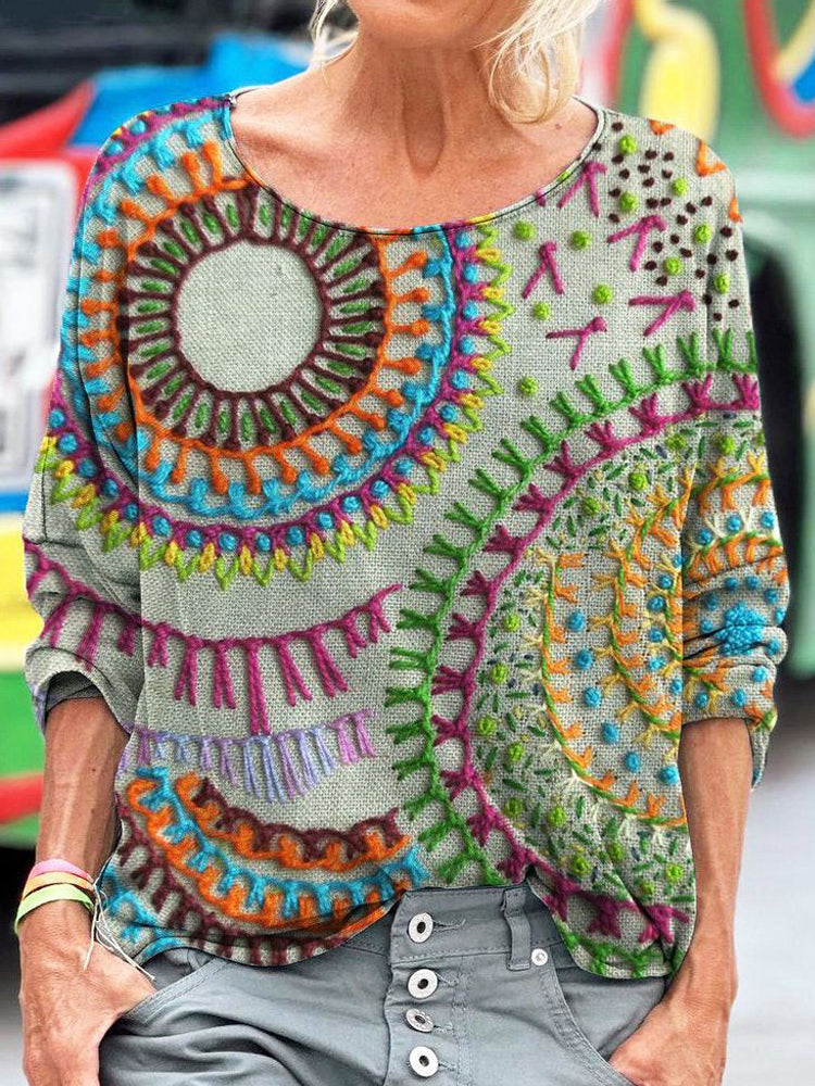 Floral Stitch Embroidery Pattern Women's Linen Long Sleeve T-shirt artswardrobe