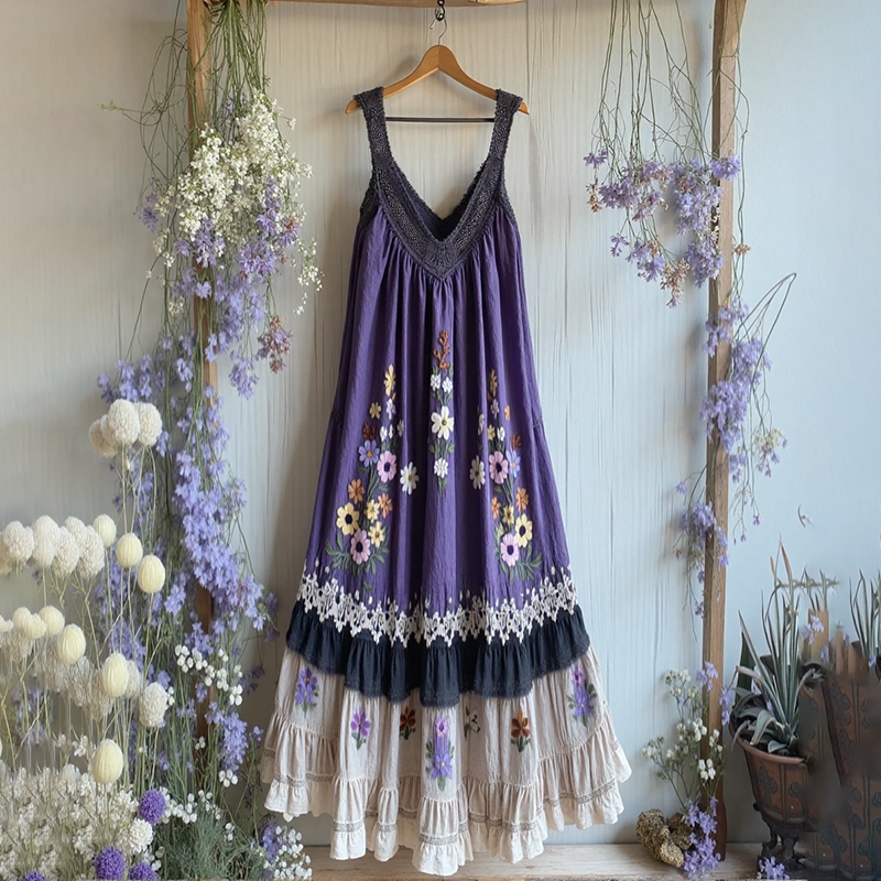 Vintage Lace Flowers Design Linen V Dress artswardrobe