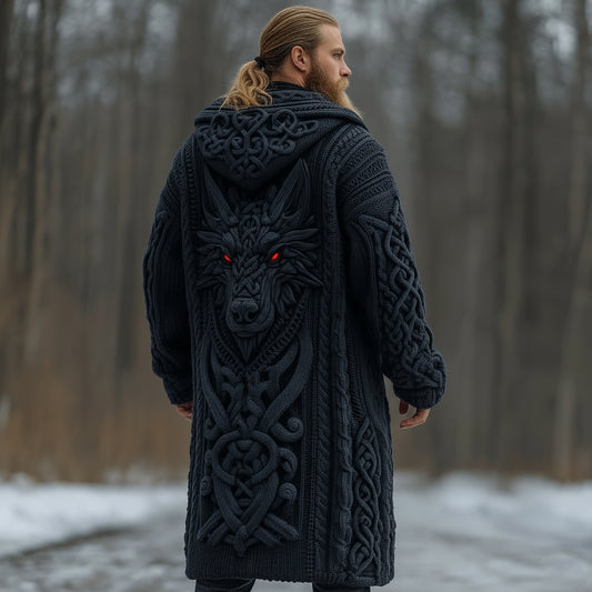 Men's Viking Celtic Knot Wolf Face Knitted Thick Long Hooded Sweater artswardrobe