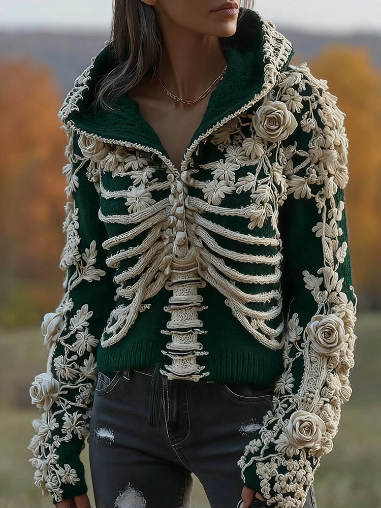 Women's  Halloween Skeleton Bones With Floral Art Knitted Warm Hooded Sweater artswardrobe