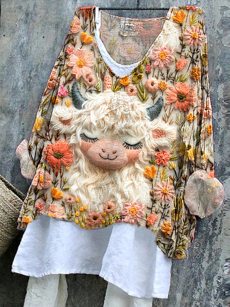 Highland Cow Wildflowers Embroidery Pattern Cozy Linen Shirt artswardrobe