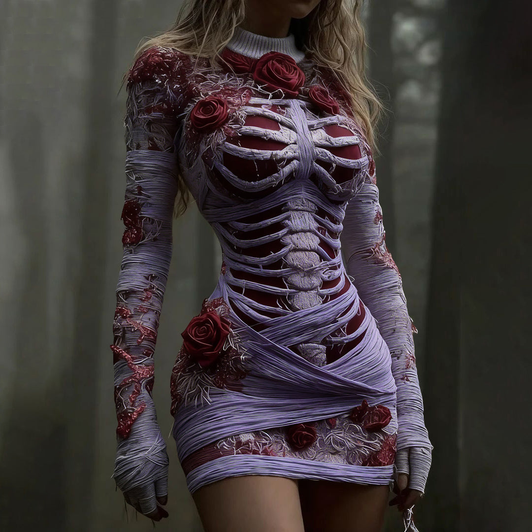 Women's Vintage Red Rose Skeleton Art Knit Mini Sweater Dress artswardrobe