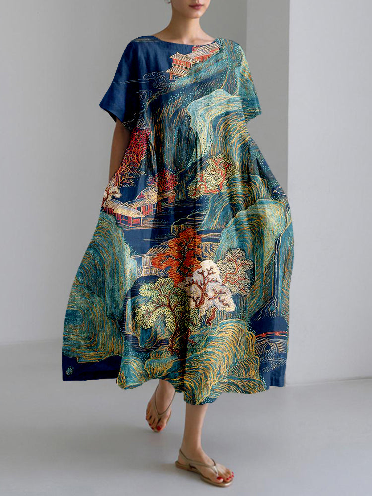 Vintage Mountain Landscape Art Linen Blend Maxi Dress
