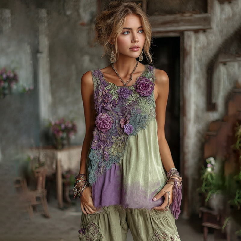 Vintage Classy Gradient Purple Lavender And Floral Embroidered Pattern Linen Tank Top artswardrobe