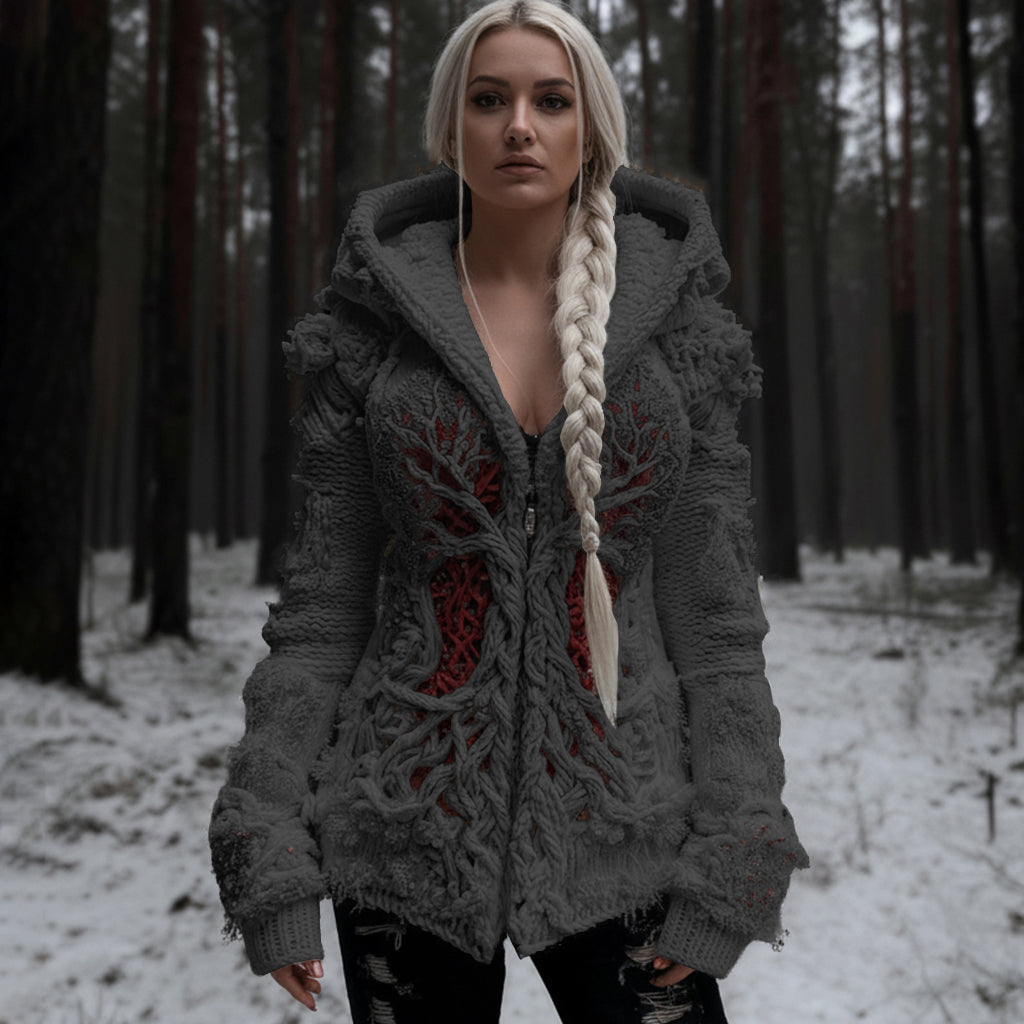 Women's Viking Tree Of Life Cable Knit Zip-up Hooded Sweater artswardrobe