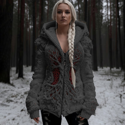 Women's Viking Tree Of Life Cable Knit Zip-up Hooded Sweater artswardrobe