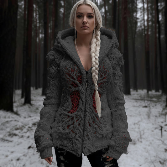Women's Viking Tree Of Life Cable Knit Zip-up Hooded Sweater artswardrobe