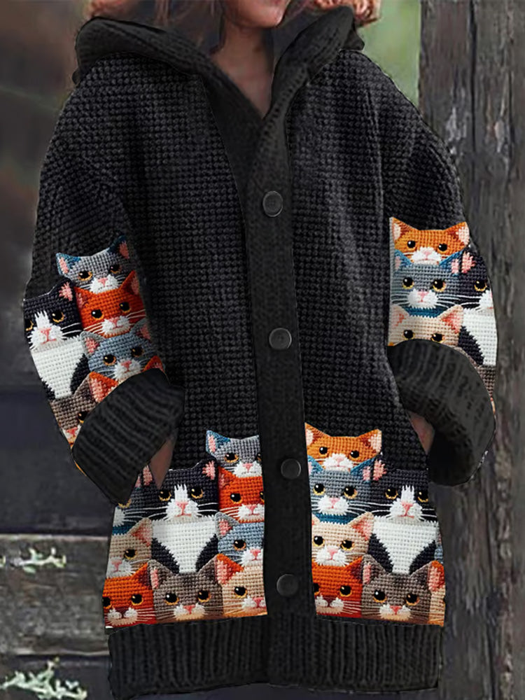 Women's Retro Cat Print Sweater Jacket elevenforest