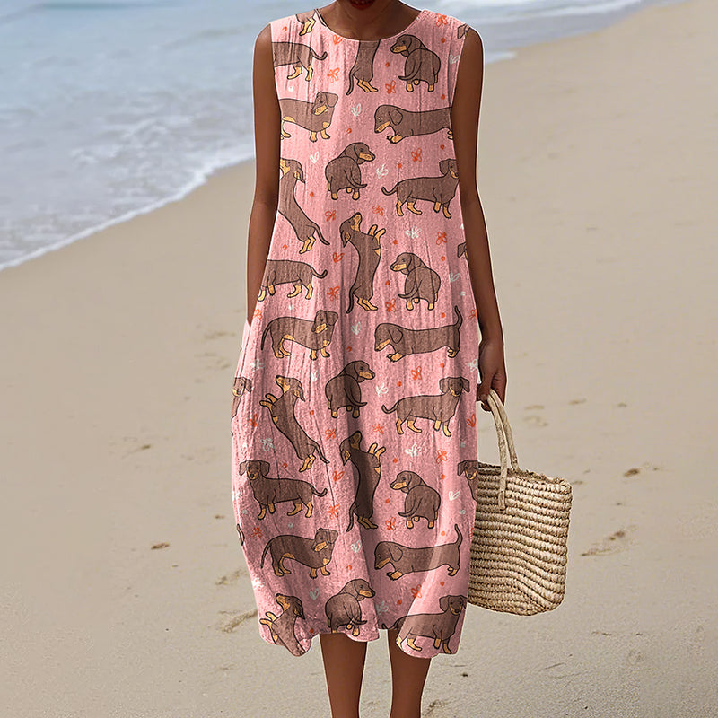 Comstylish Women's Cute Dachshund And Bow Art Sleeveless Dress