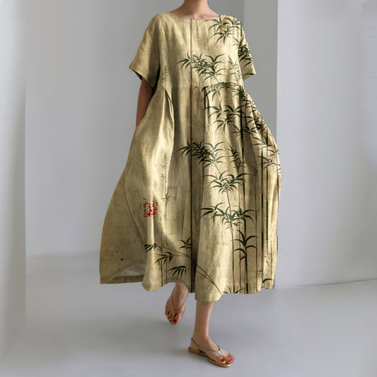 Comstylish Bamboo Japanese Art Print Casual Loose Dress