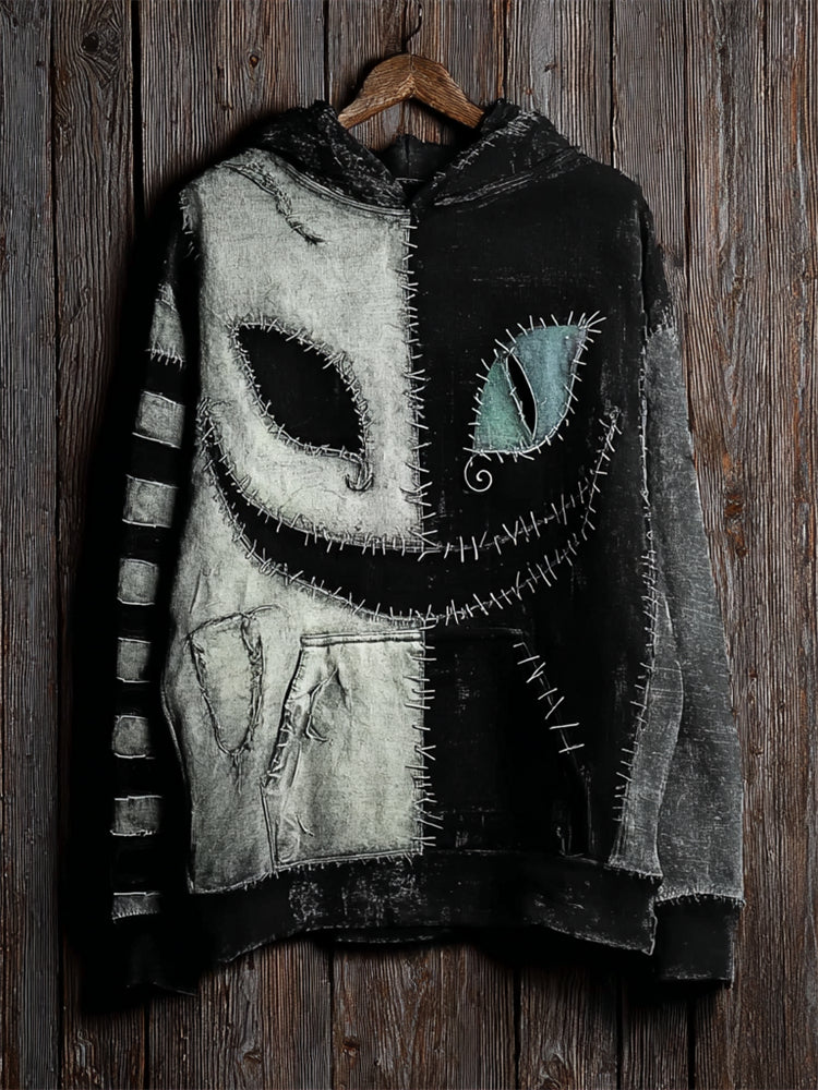 Halloween Cat Face Contrast Stitched Striped Washed Hoodie elevenforest