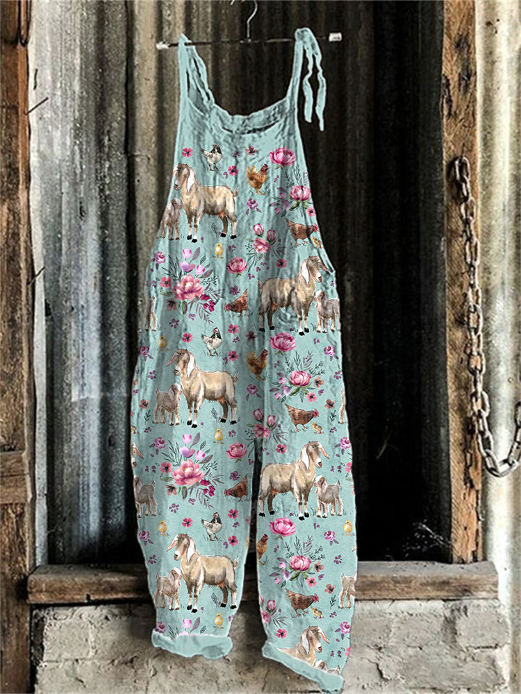 Floral Farm Animals Print Linen Blend Casual Jumpsuit artswardrobe